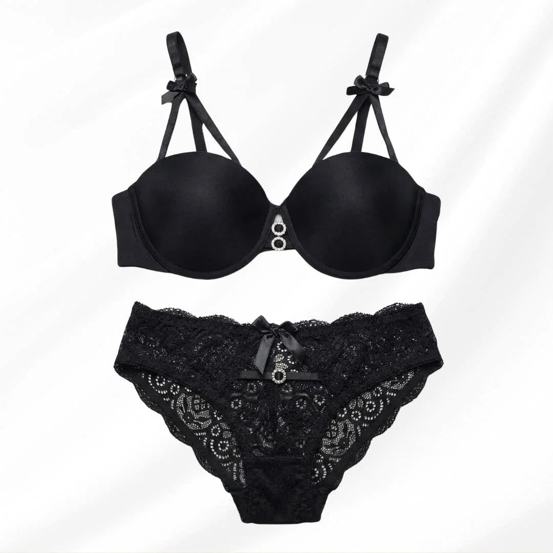 Luxury Floral Lace Lingerie Set – Elegant Padded Underwire Bra & Matching Scalloped Lace Panty with Rhinestone Accents-BLACK