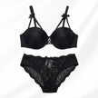 Luxury Floral Lace Lingerie Set – Elegant Padded Underwire Bra & Matching Scalloped Lace Panty with Rhinestone Accents-BLACK