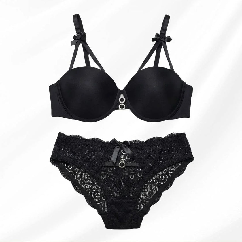 Luxury Floral Lace Lingerie Set – Elegant Padded Underwire Bra & Matching Scalloped Lace Panty with Rhinestone Accents-BLACK