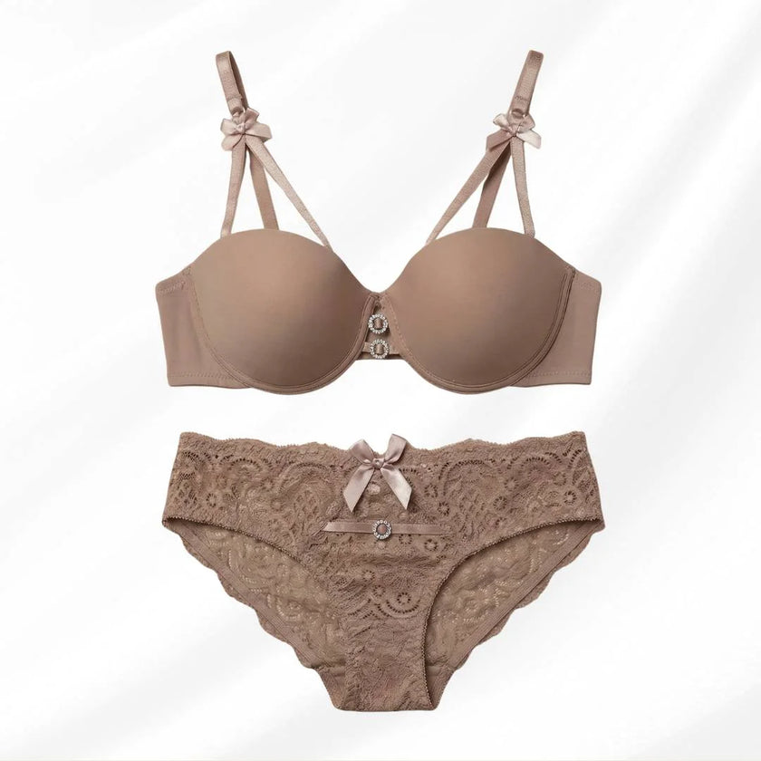 Luxury Floral Lace Lingerie Set – Elegant Padded Underwire Bra & Matching Scalloped Lace Panty with Rhinestone Accents-HARBOR