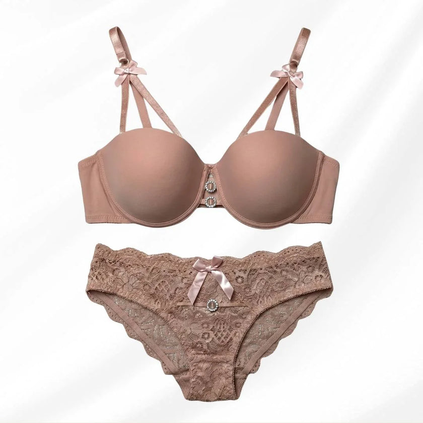 Luxury Floral Lace Lingerie Set – Elegant Padded Underwire Bra & Matching Scalloped Lace Panty with Rhinestone Accents-RUST PEACH