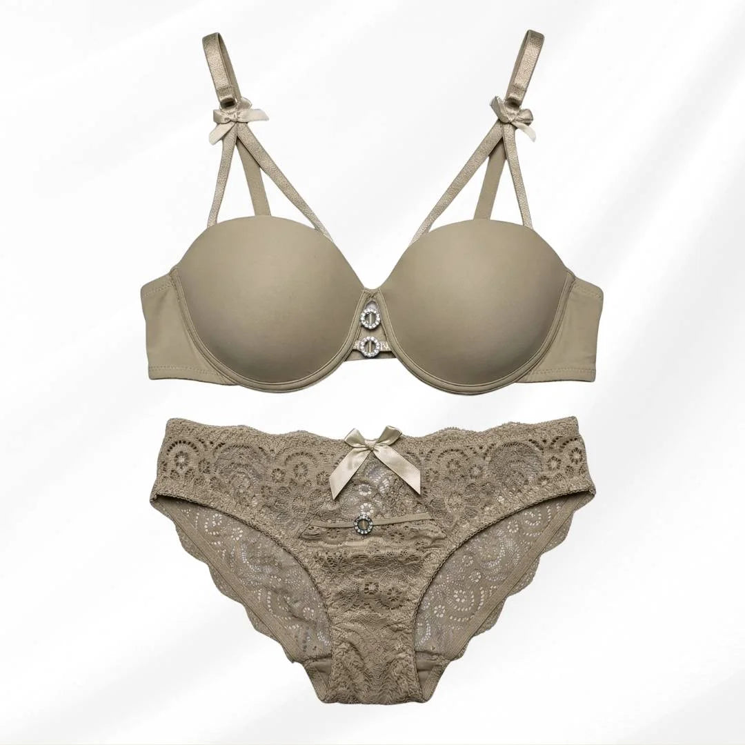 Luxury Floral Lace Lingerie Set – Elegant Padded Underwire Bra & Matching Scalloped Lace Panty with Rhinestone Accents-TAN