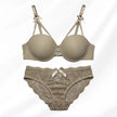 Luxury Floral Lace Lingerie Set – Elegant Padded Underwire Bra & Matching Scalloped Lace Panty with Rhinestone Accents-TAN