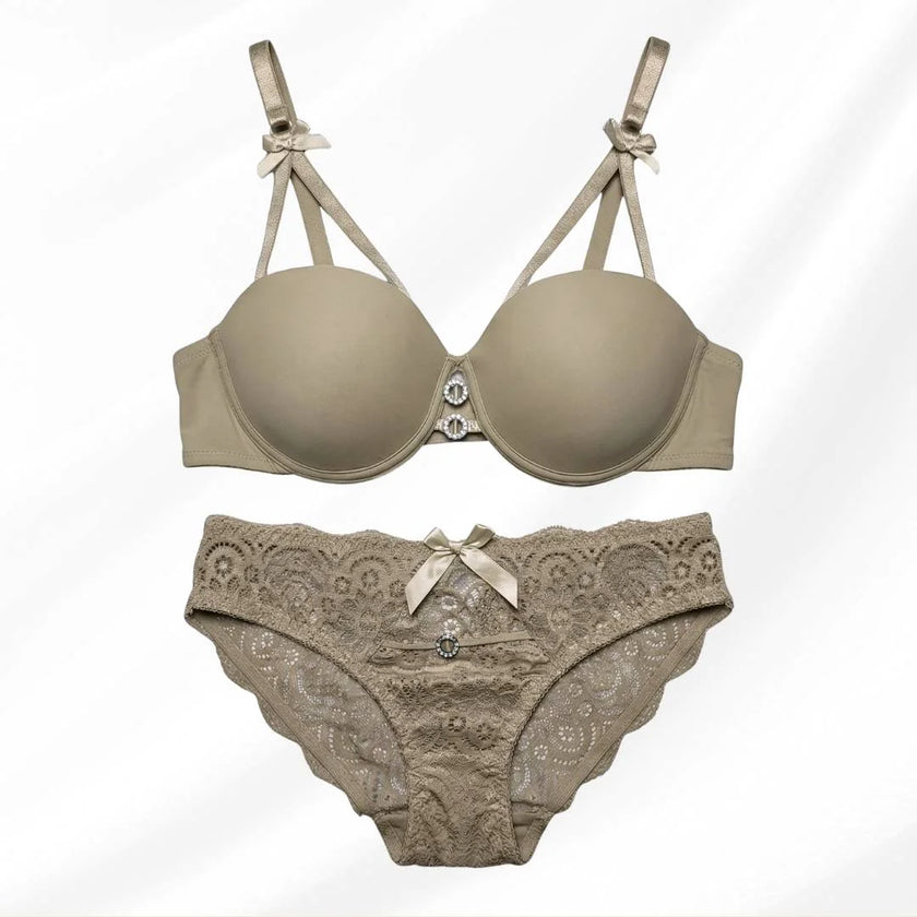 Luxury Floral Lace Lingerie Set – Elegant Padded Underwire Bra & Matching Scalloped Lace Panty with Rhinestone Accents-TAN