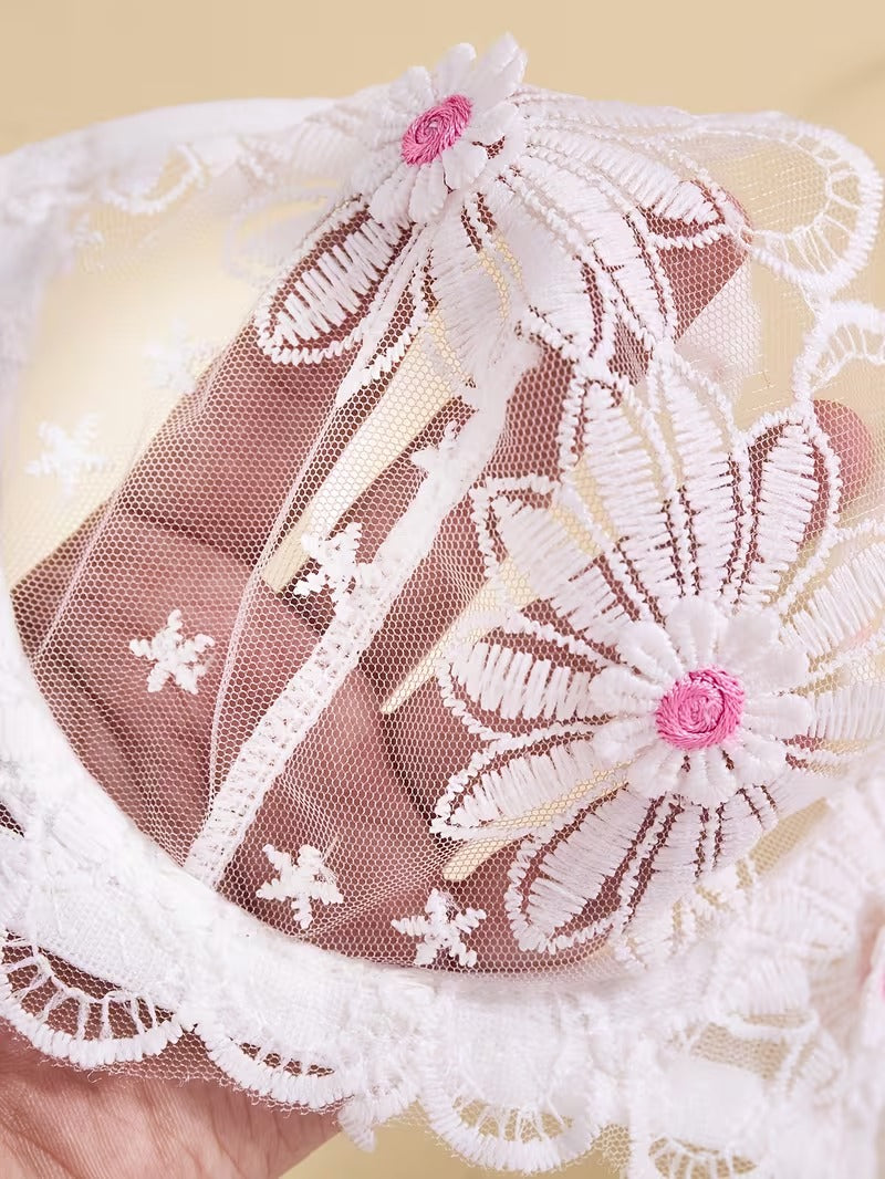 Elegant White Lace Lingerie Set – Soft Mesh Floral Embroidered Bra & Panty