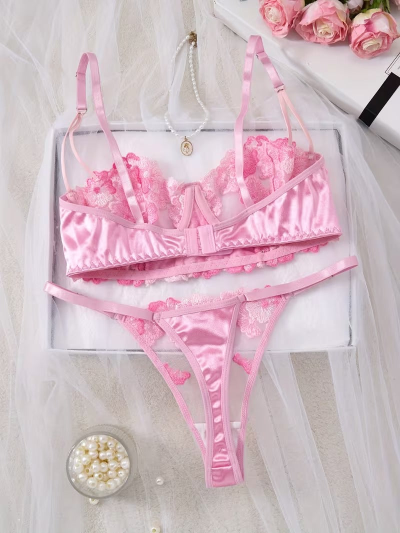 Non-Padded Wired Floral Embroidered Bra & Thong Set – Luxury Pink Mesh Lingerie set