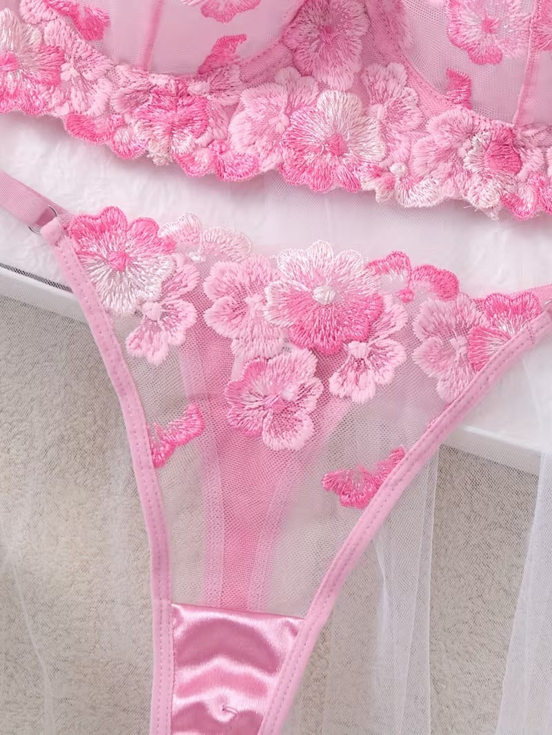 Non-Padded Wired Floral Embroidered Bra & Thong Set – Luxury Pink Mesh Lingerie set