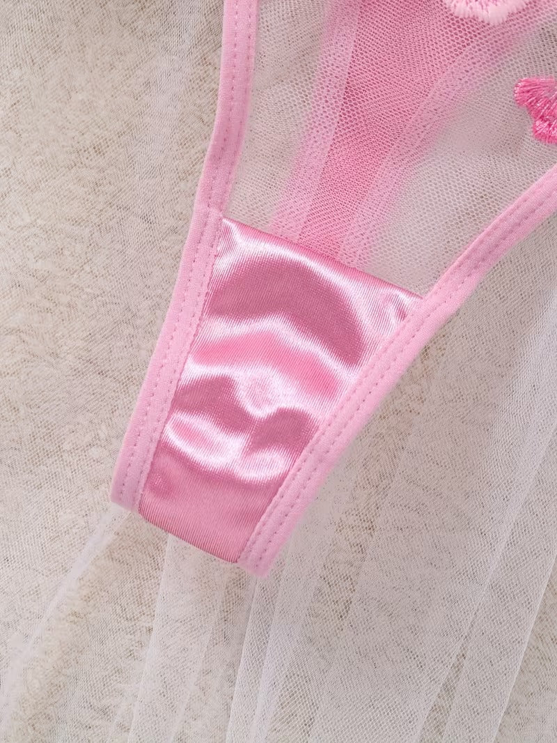 Non-Padded Wired Floral Embroidered Bra & Thong Set – Luxury Pink Mesh Lingerie set