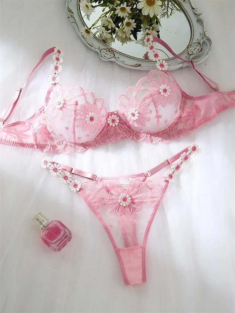 Elegant White Lace Lingerie Set – Soft Mesh Floral Embroidered Bra & Panty