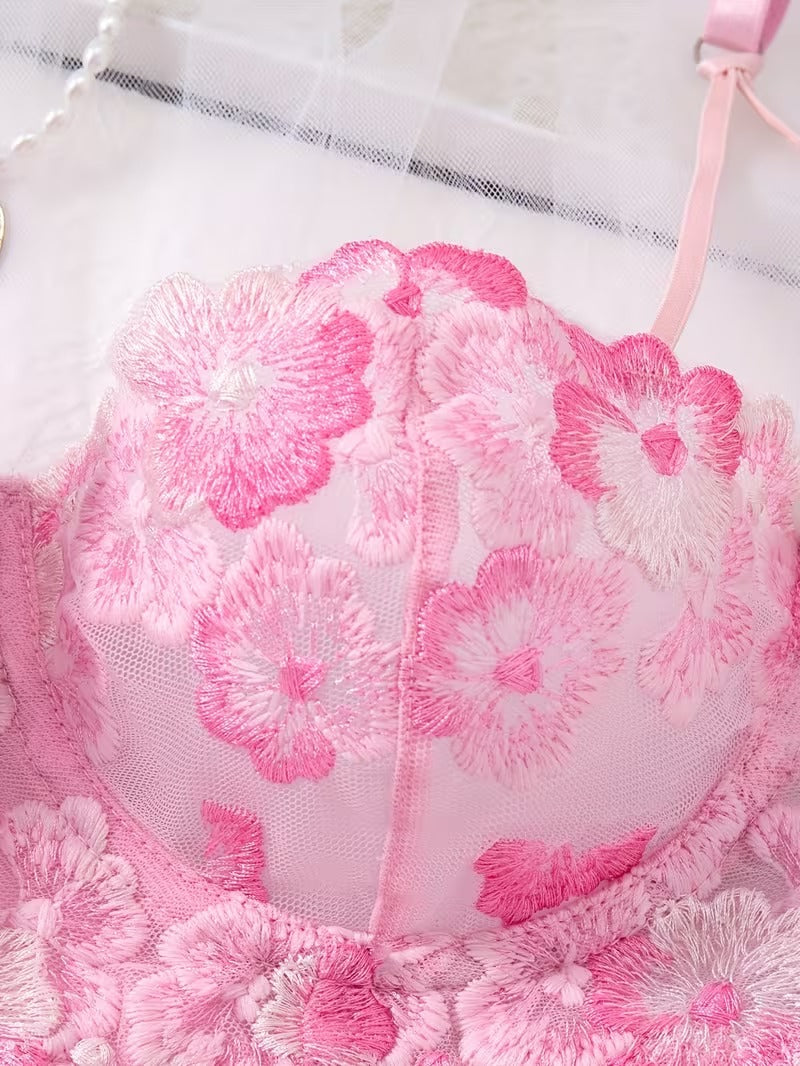Non-Padded Wired Floral Embroidered Bra & Thong Set – Luxury Pink Mesh Lingerie set